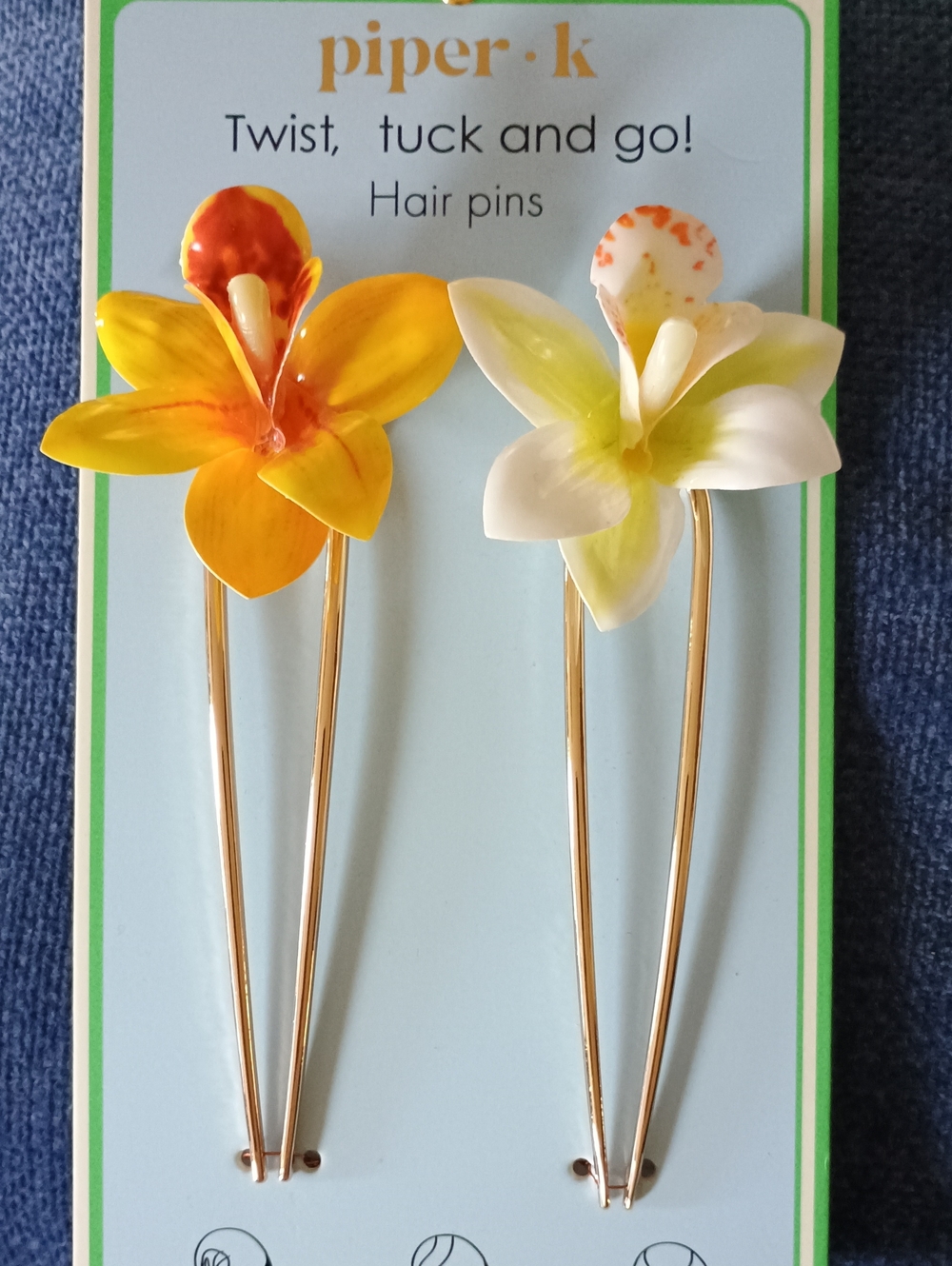 NWT Piper K Twist Tuck & Go Orchid Flower French Hair Pins Set of 2 Tropical